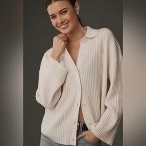 Reformation Fantino Cashmere Ribbed Knit Cardigan in Gossamer (Ivory)